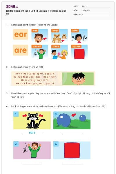 Bài tập Tiếng anh lớp 3 Unit 11 Lession 4. Phonics có đáp án