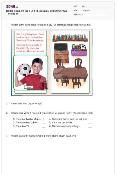 Bài tập Tiếng anh lớp 3 Unit 11 Lession 5. Skills time Phần 1 có đáp án