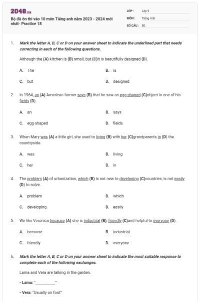 Bộ đề ôn thi vào 10 môn Tiếng anh năm 2023 - 2024 mới nhất- Practice 18