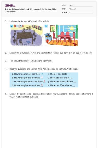 Bài tập Tiếng anh lớp 3 Unit 11 Lession 6. Skills time Phần 2 có đáp án