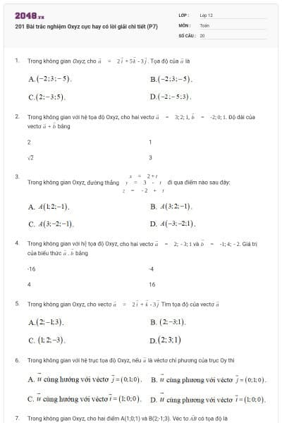 201 Bài trắc nghiệm Oxyz cực hay có lời giải chi tiết (P7)