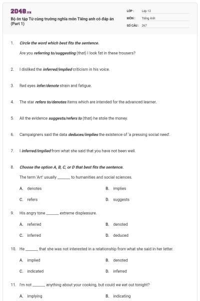 Bộ ôn tập Từ cùng trường nghĩa môn Tiếng anh có đáp án (Part 1)