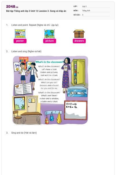 Bài tập Tiếng anh lớp 3 Unit 12 Lession 3. Song có đáp án