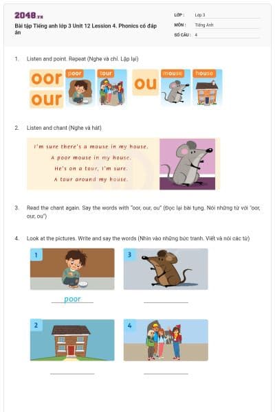 Bài tập Tiếng anh lớp 3 Unit 12 Lession 4. Phonics có đáp án