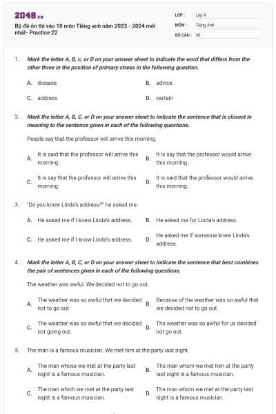 Bộ đề ôn thi vào 10 môn Tiếng anh năm 2023 - 2024 mới nhất- Practice 22