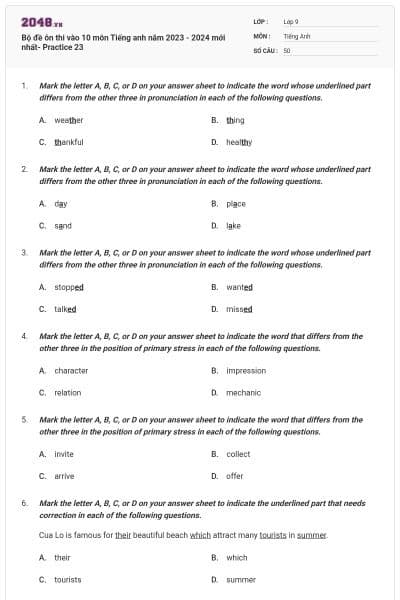 Bộ đề ôn thi vào 10 môn Tiếng anh năm 2023 - 2024 mới nhất- Practice 23