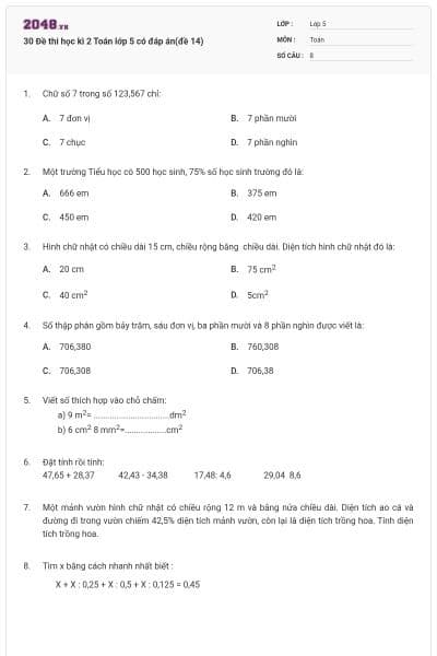 30 Đề thi học kì 2 Toán lớp 5 có đáp án(đề 14)