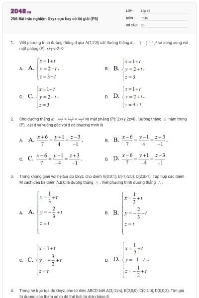 256 Bài trắc nghiệm Oxyz cực hay có lời giải (P5)