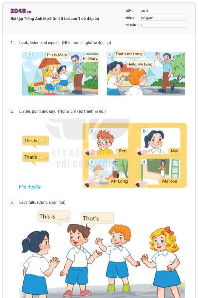 Bài tập Tiếng Anh lớp 3 Unit 3 Lesson 1 có đáp án