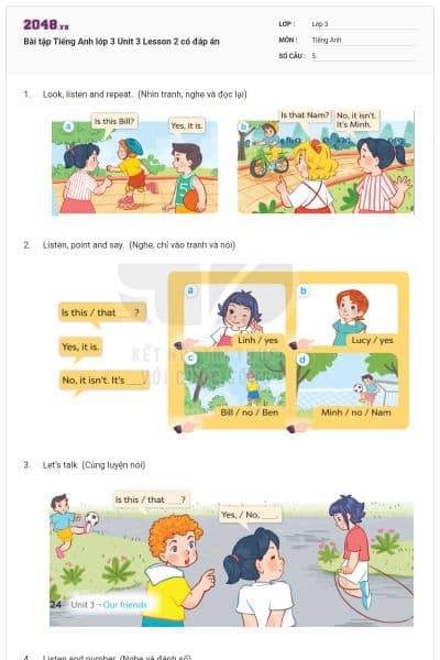 Bài tập Tiếng Anh lớp 3 Unit 3 Lesson 2 có đáp án