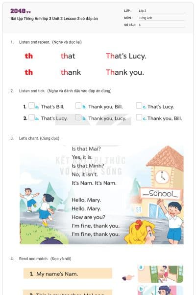 Bài tập Tiếng Anh lớp 3 Unit 3 Lesson 3 có đáp án