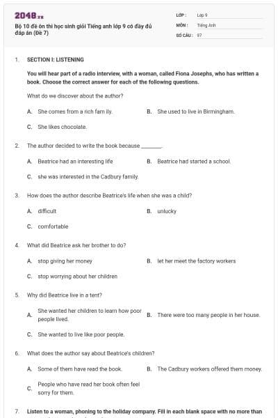 Bộ 10 đề ôn thi học sinh giỏi Tiếng anh lớp 9 có đầy đủ đáp án (Đề 7)
