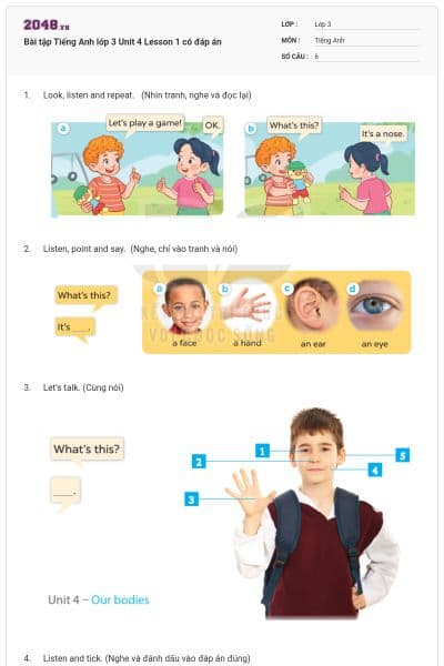 Bài tập Tiếng Anh lớp 3 Unit 4 Lesson 1 có đáp án