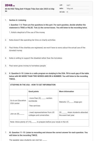 Đề thi HSG Tiếng Anh 9 Huyện Triệu Sơn năm 2023 có đáp án