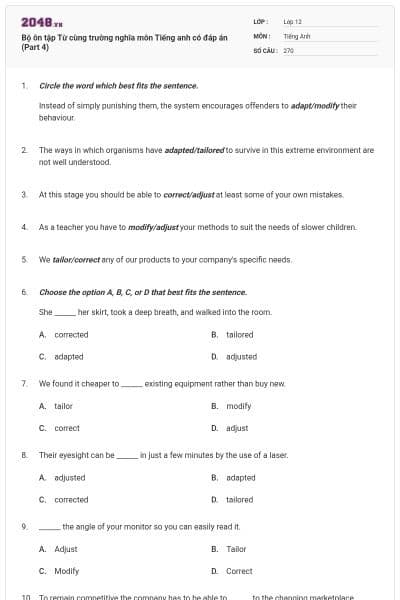 Bộ ôn tập Từ cùng trường nghĩa môn Tiếng anh có đáp án (Part 4)