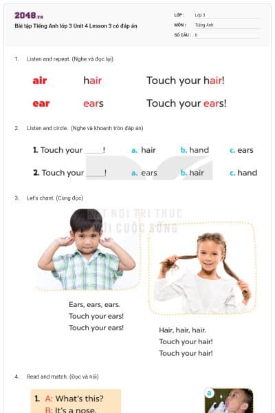 Bài tập Tiếng Anh lớp 3 Unit 4 Lesson 3 có đáp án