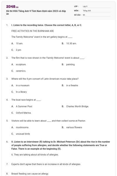 Đề thi HSG Tiếng Anh 9 Tỉnh Nam Định năm 2023 có đáp án