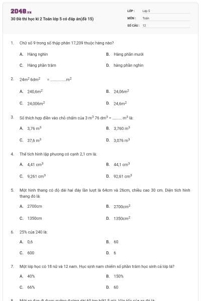 30 Đề thi học kì 2 Toán lớp 5 có đáp án(đề 15)