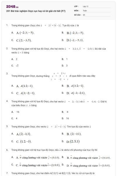 201 Bài trắc nghiệm Oxyz cực hay có lời giải chi tiết (P7)