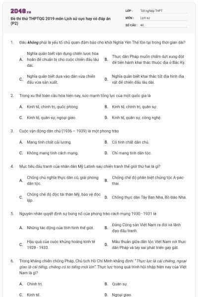 Đề thi thử THPTQG 2019 môn Lịch sử cực hay có đáp án (P2)