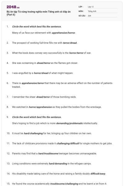 Bộ ôn tập Từ cùng trường nghĩa môn Tiếng anh có đáp án (Part 6)