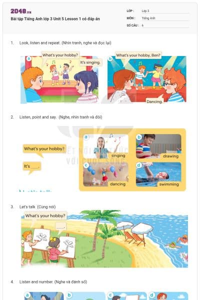 Bài tập Tiếng Anh lớp 3 Unit 5 Lesson 1 có đáp án