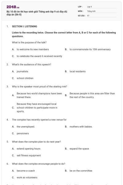 Bộ 10 đề ôn thi học sinh giỏi Tiếng anh lớp 9 có đầy đủ đáp án (Đề 8)