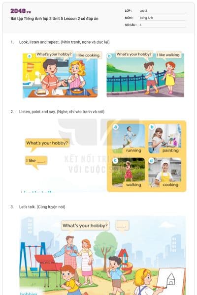 Bài tập Tiếng Anh lớp 3 Unit 5 Lesson 2 có đáp án