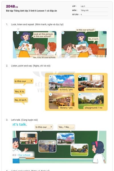 Bài tập Tiếng Anh lớp 3 Unit 6 Lesson 1 có đáp án