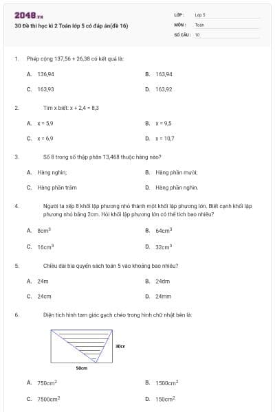 30 Đề thi học kì 2 Toán lớp 5 có đáp án(đề 16)