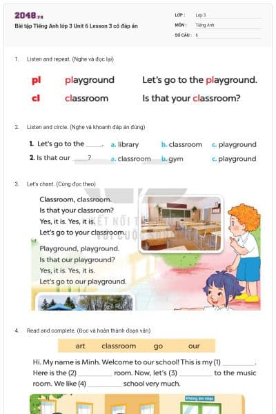 Bài tập Tiếng Anh lớp 3 Unit 6 Lesson 3 có đáp án