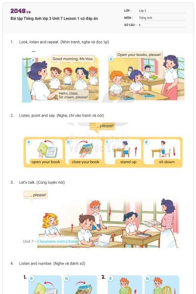 Bài tập Tiếng Anh lớp 3 Unit 7 Lesson 1 có đáp án