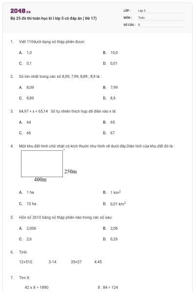 Bộ 25 đề thi toán học kì I lớp 5 có đáp án ( Đề 17)