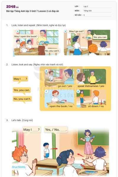 Bài tập Tiếng Anh lớp 3 Unit 7 Lesson 2 có đáp án