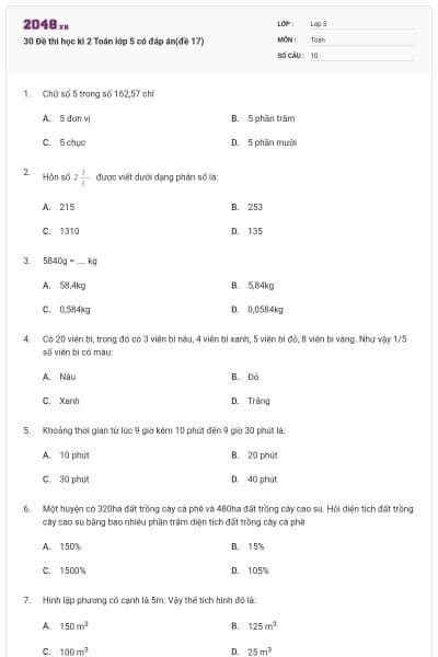 30 Đề thi học kì 2 Toán lớp 5 có đáp án(đề 17)