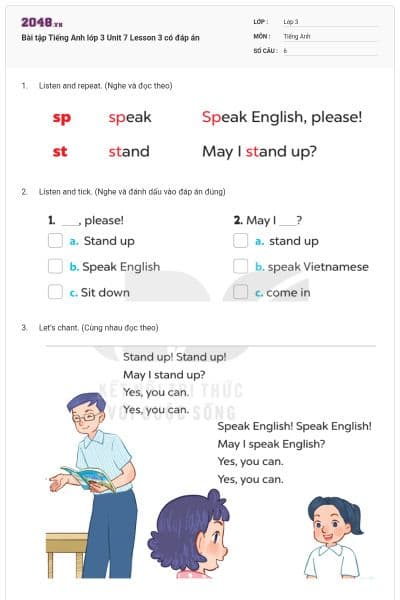 Bài tập Tiếng Anh lớp 3 Unit 7 Lesson 3 có đáp án