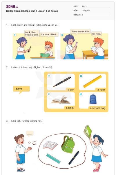 Bài tập Tiếng Anh lớp 3 Unit 8 Lesson 1 có đáp án