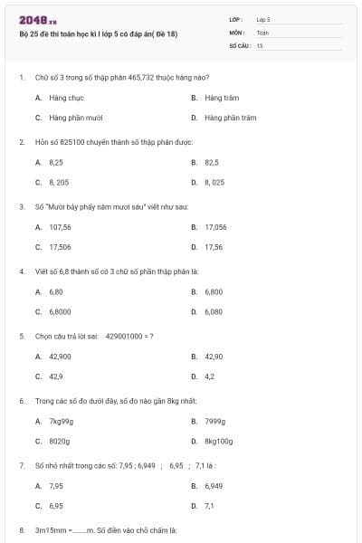 Bộ 25 đề thi toán học kì I lớp 5 có đáp án( Đề 18)