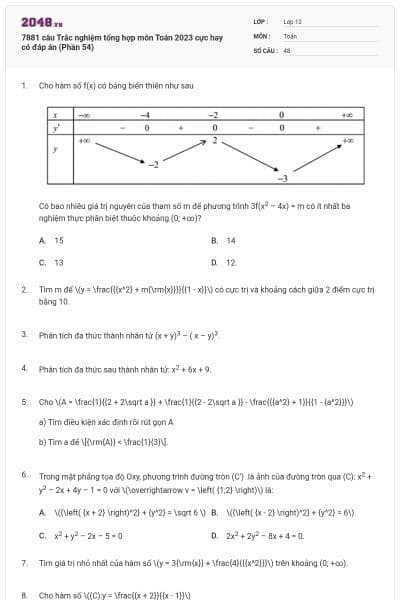 7881 câu Trắc nghiệm tổng hợp môn Toán 2023 cực hay có đáp án (Phần 54)