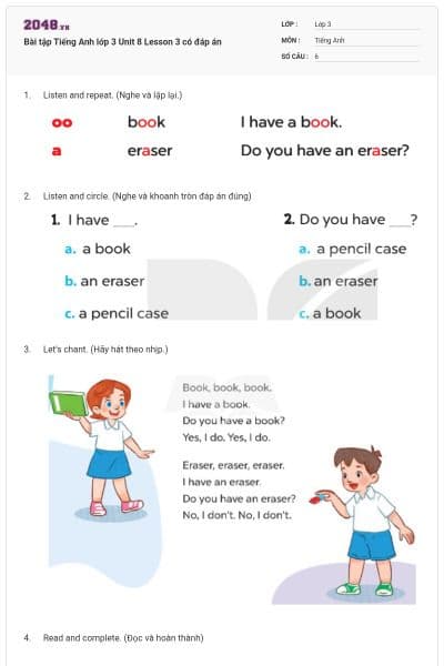 Bài tập Tiếng Anh lớp 3 Unit 8 Lesson 3 có đáp án