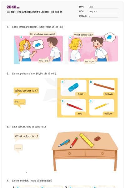 Bài tập Tiếng Anh lớp 3 Unit 9 Lesson 1 có đáp án