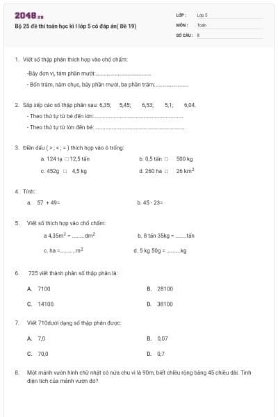 Bộ 25 đề thi toán học kì I lớp 5 có đáp án( Đề 19)