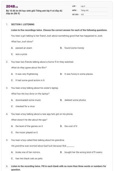Bộ 10 đề ôn thi học sinh giỏi Tiếng anh lớp 9 có đầy đủ đáp án (Đề 9)