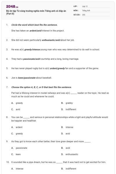 Bộ ôn tập Từ cùng trường nghĩa môn Tiếng anh có đáp án (Part 8)