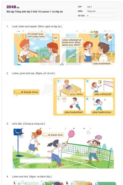 Bài tập Tiếng Anh lớp 3 Unit 10 Lesson 1 có đáp án