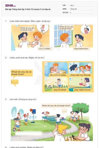Bài tập Tiếng Anh lớp 3 Unit 10 Lesson 2 có đáp án