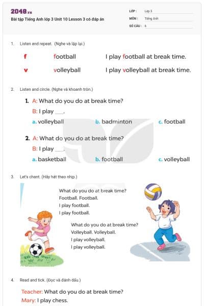 Bài tập Tiếng Anh lớp 3 Unit 10 Lesson 3 có đáp án