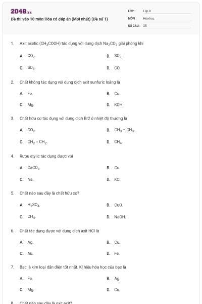 Đề thi vào 10 môn Hóa có đáp án (Mới nhất) (Đề số 1)