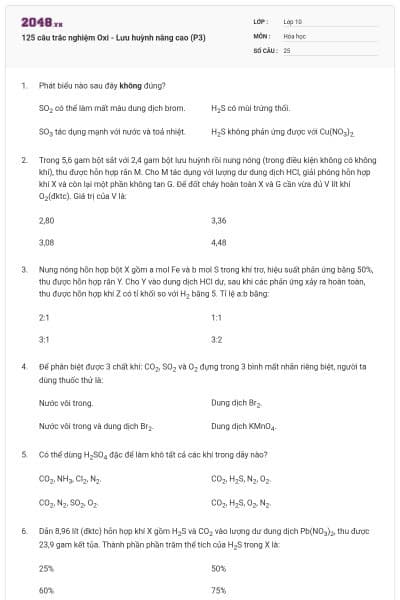 125 câu trắc nghiệm Oxi - Lưu huỳnh nâng cao (P3)