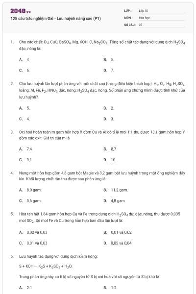 125 câu trắc nghiệm Oxi - Lưu huỳnh nâng cao (P1)